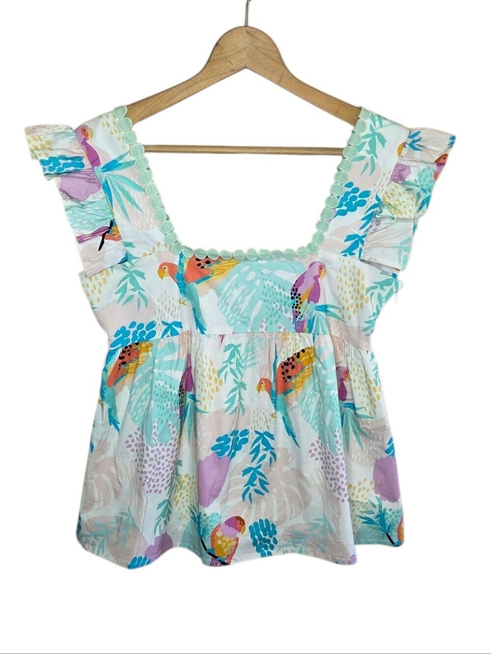 Boutique Colorful Tropical Bird Print Flutter Sleeve Babydoll Tank Top